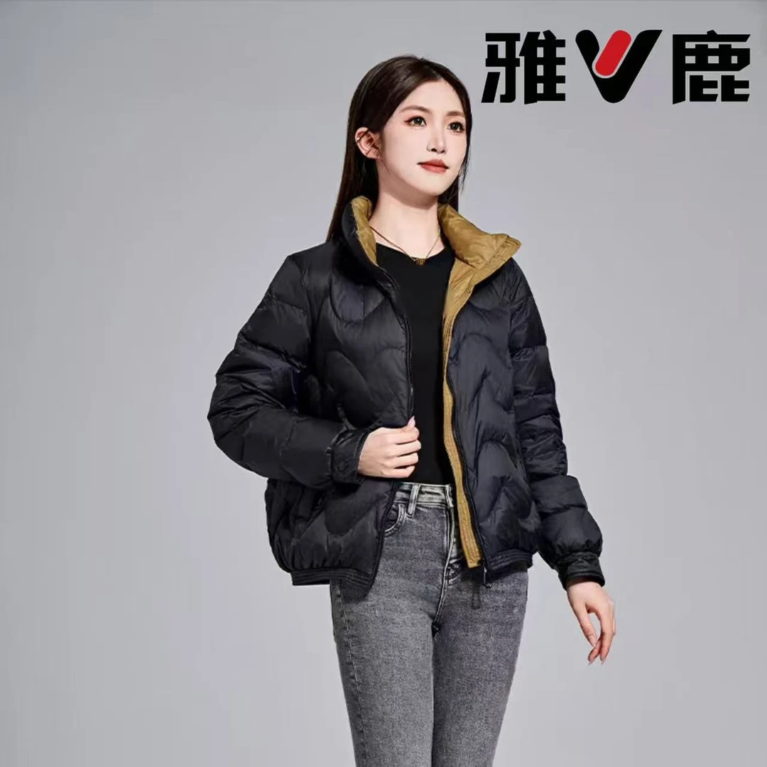 V/雅鹿时尚新款90%白鸭绒女士短款羽绒服冬季立领外套