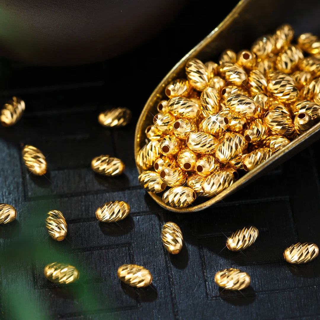 【金豆工厂】18K金4.8mm车花橄榄金珠金管手串项链DIY散珠C