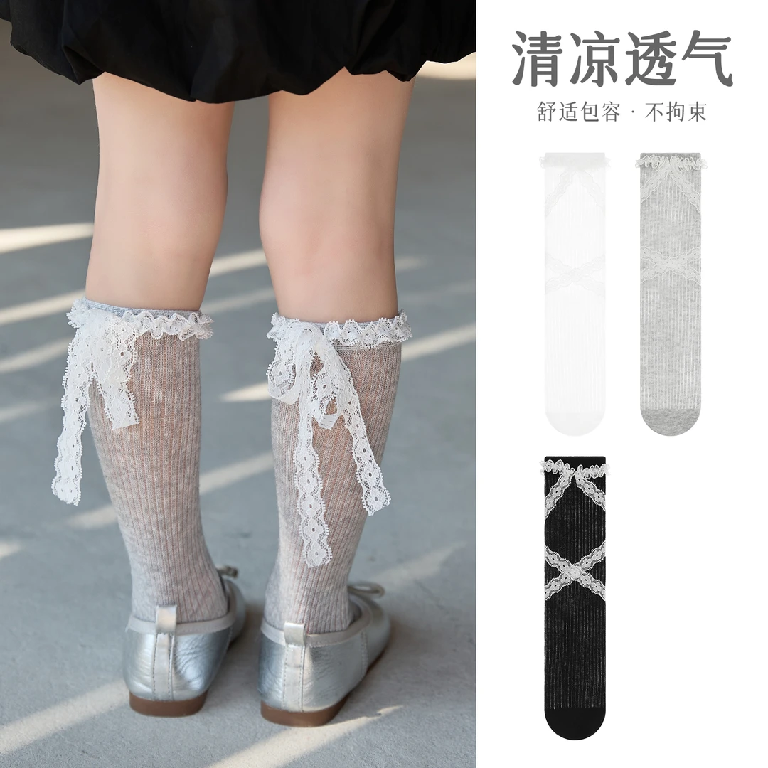 女童袜子夏季薄款白色小腿袜中筒袜网眼女宝宝芭蕾绑带镂空中筒袜