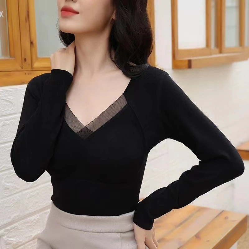 石墨烯保暖背心女长袖带胸垫一体杯抗菌可外穿加绒加厚固定杯德绒
