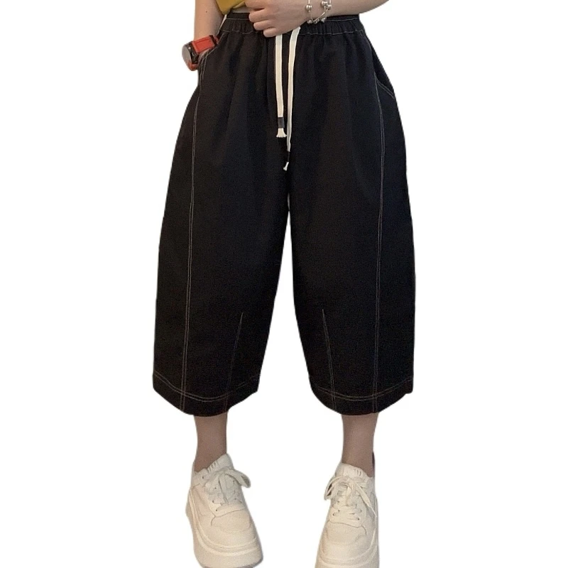 休闲时尚薄款休闲裤女2025夏季新款松紧腰阔脚显瘦百搭减龄七分裤