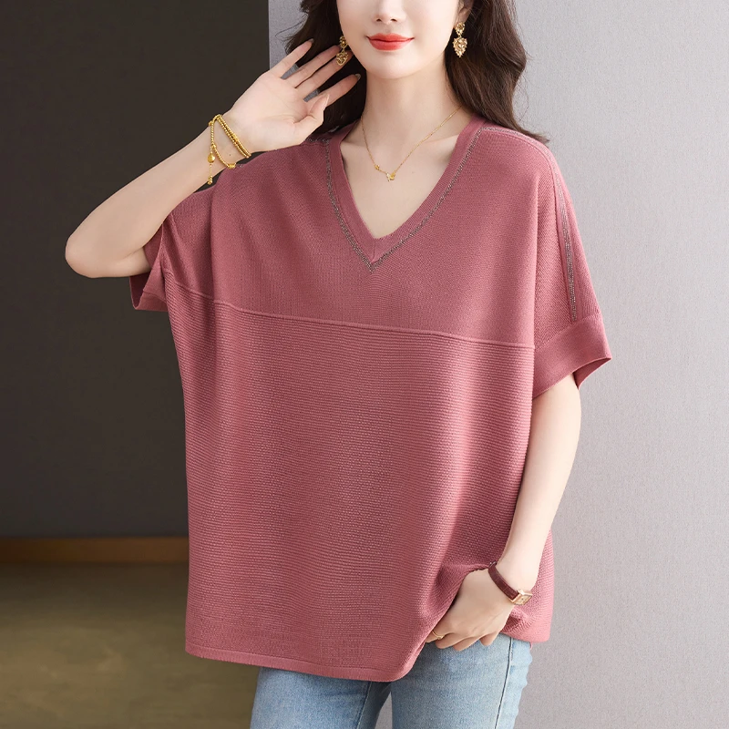 大码女装夏季加肥加大中长款上衣宽松显瘦薄款冰丝针织V领短袖T恤