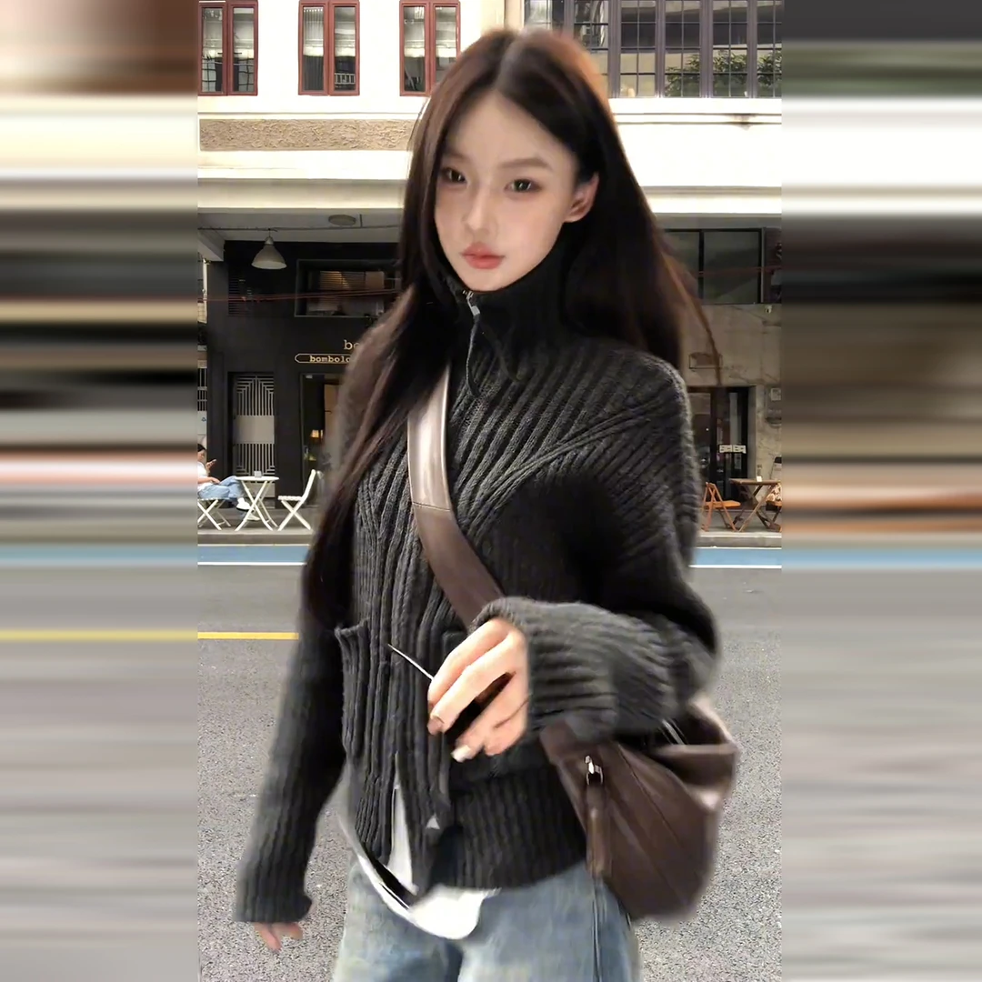 慵懒宽松高领灰色毛衣外套女秋冬季2025新款韩系针织开衫长袖上衣