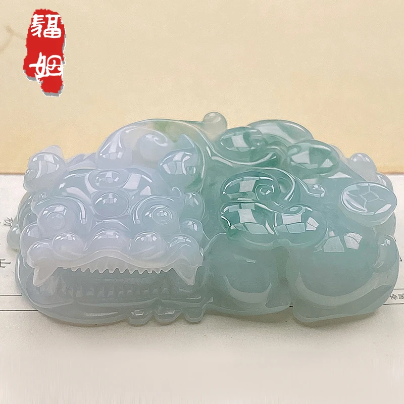 福姻翡翠霸王貔貅吊坠飘花手把件天然A货挂件带证书缅甸