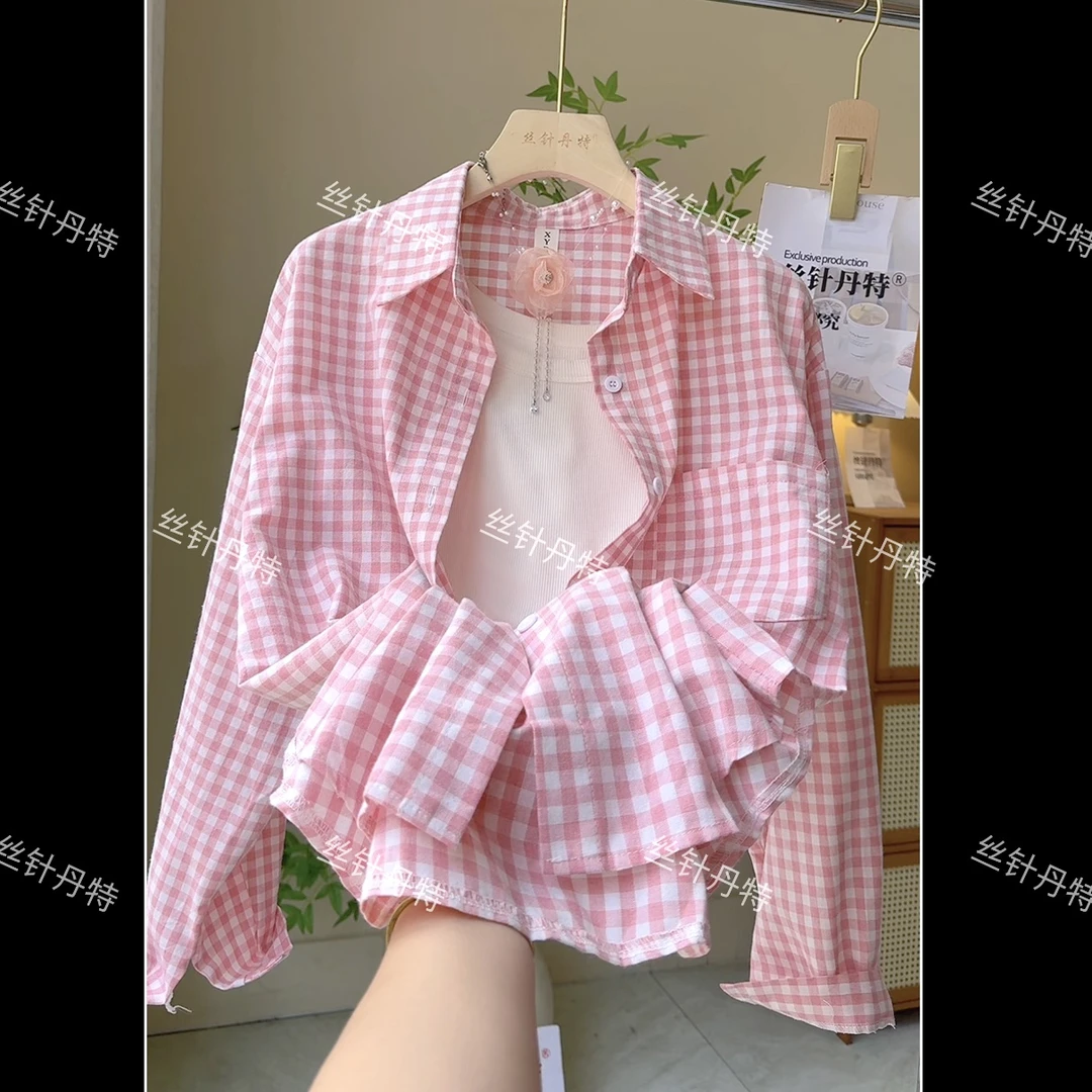 1905多巴胺格子棉麻长袖衬衫女翻领宽松春秋薄款盐系洋气衬衣外穿