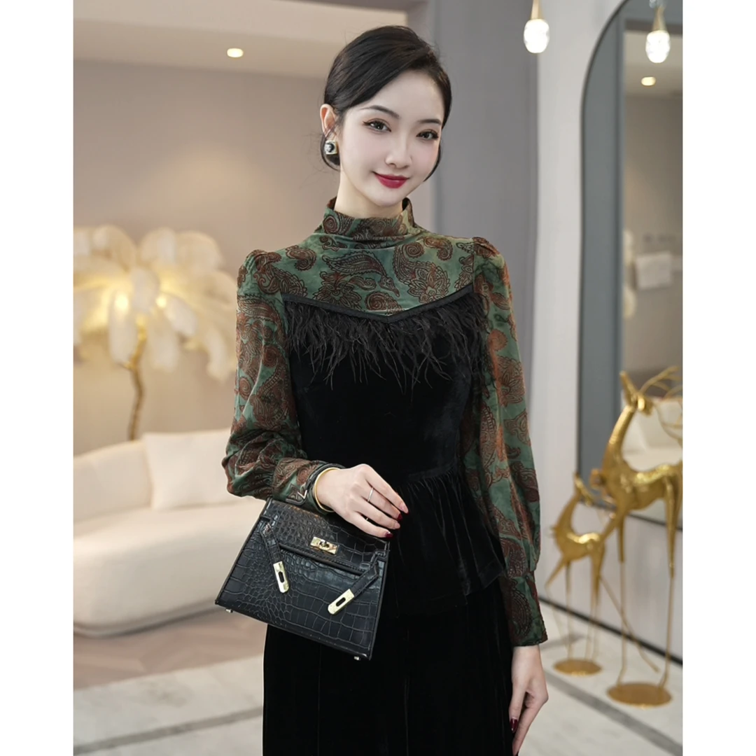 现货2025秋冬新款【DD-951】高级感国风复古黑色拼接丝绒衬衫上衣女