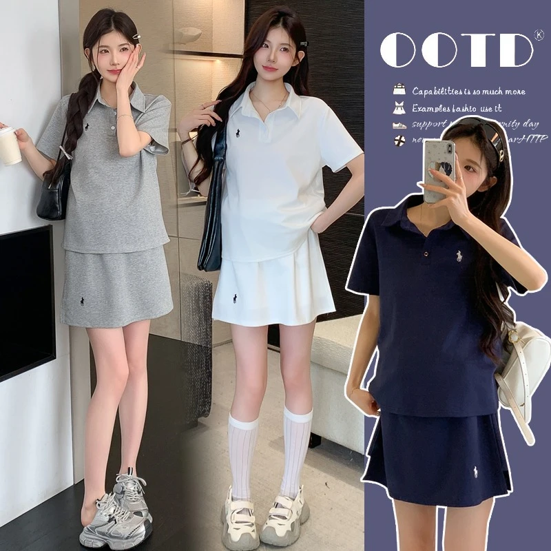 时髦孕妇装夏季2025新款休闲运动洋气时尚POLO领简约上衣裙裤套装