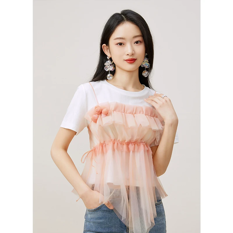 missCOCOON上女夏女网纱印花T恤吊带两件套0096