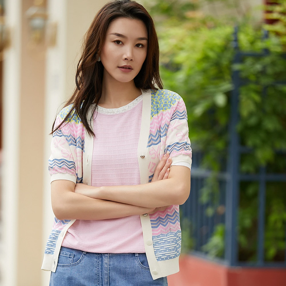 Shengyuzhu/声雨竹新款时尚休闲夏季百搭条纹圆领宽松针织衫