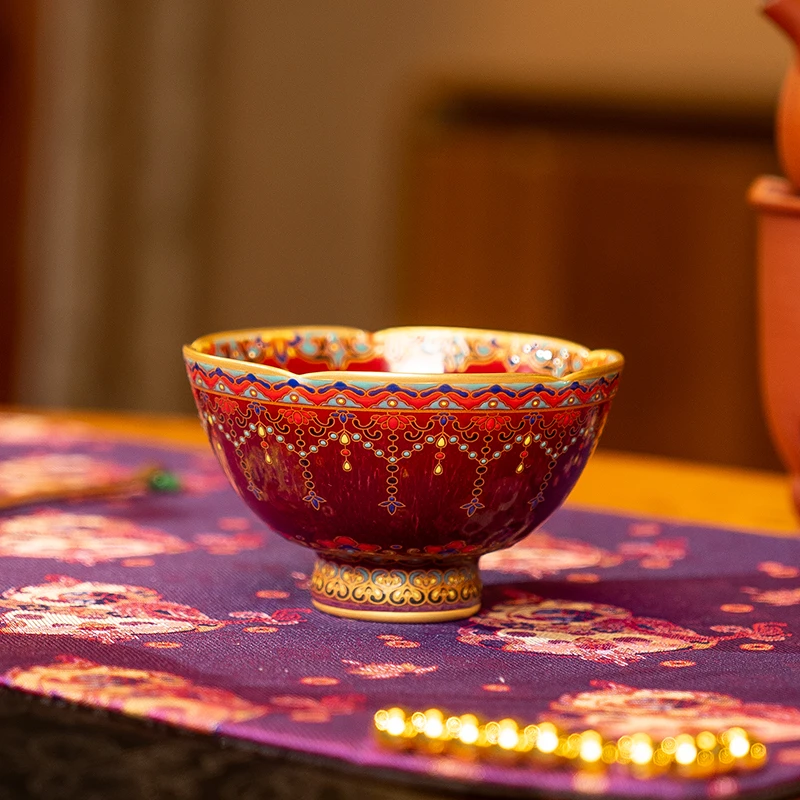 【伴斤茶舍】郎红金银错葵口杯纯手工手绘陶瓷珐琅彩描金家用主人杯