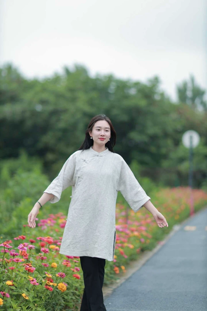 【成衣水洗】100%重磅亚麻盘扣开叉旗袍七分袖连衣裙