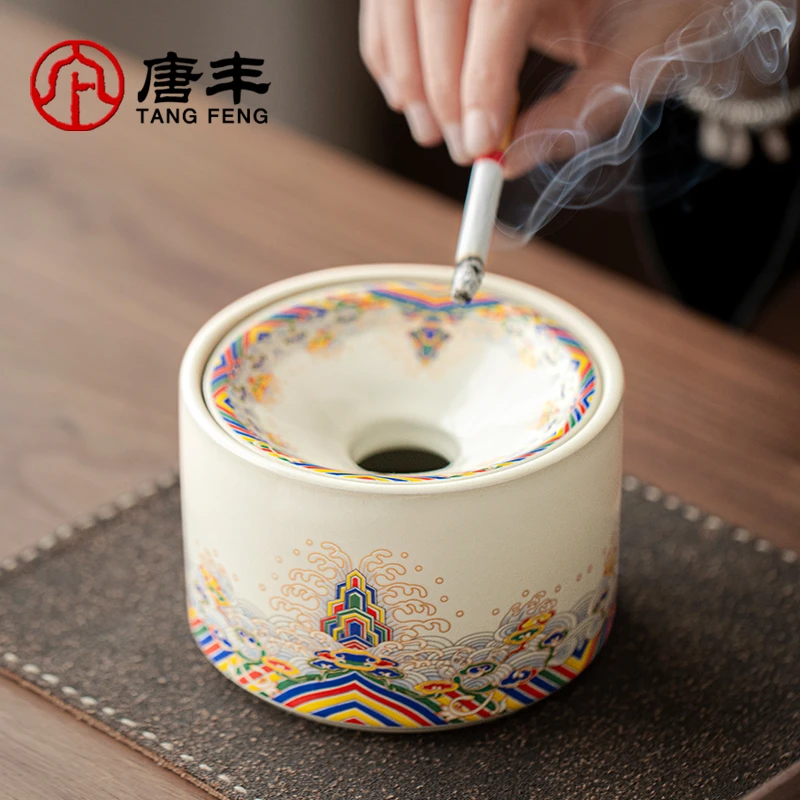 唐丰汝窑防灰茶渣缸烟灰缸带盖防飞灰国风海水江崖茶具配件摆件