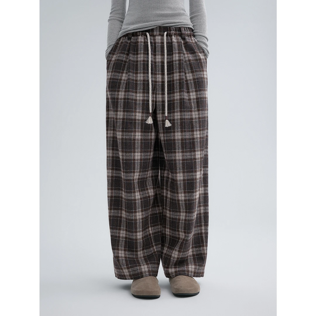 华吉言/HUAJIYAN【格子裤】经典羊毛格纹流苏抽绳松紧腰阔腿裤