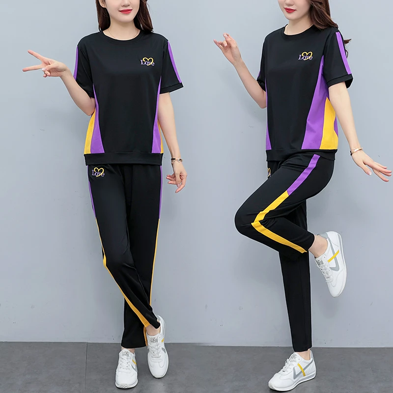 夏季新款时尚套装薄款刺绣洋气质时髦减龄显瘦短袖长裤运动套装女