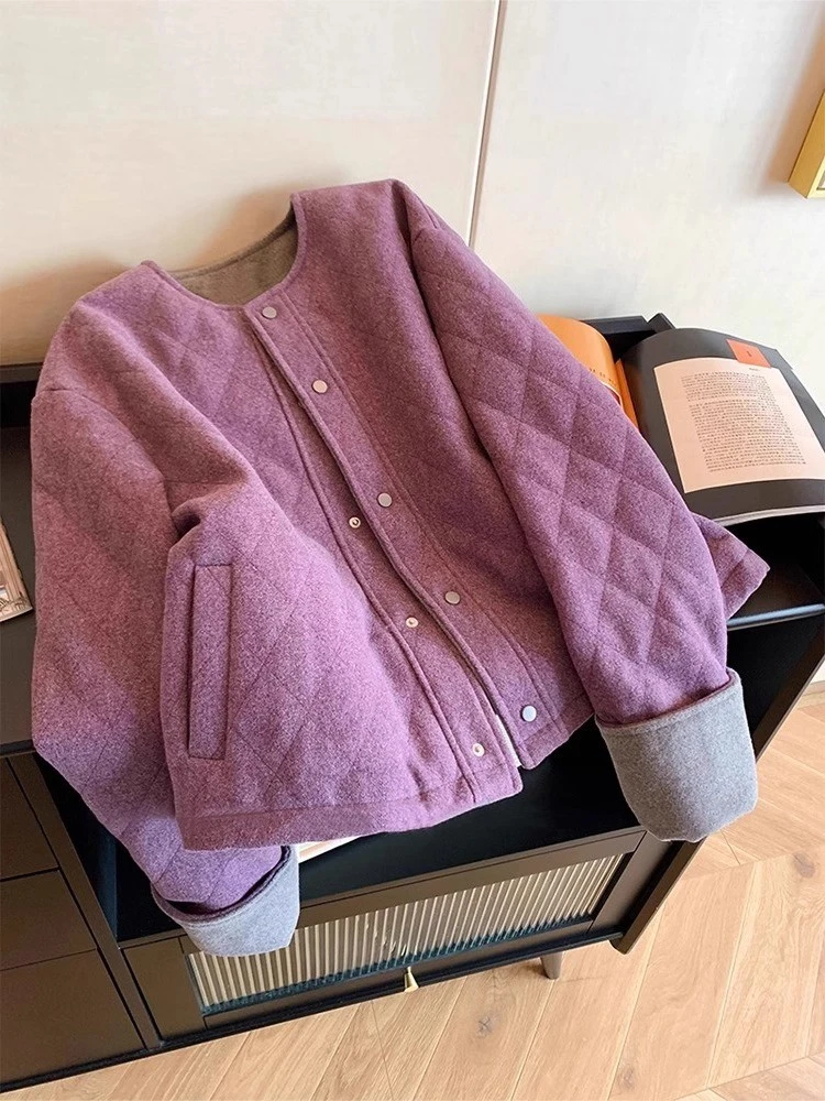 法式复古静奢菱格圆领洋气棉服外套女秋冬设计感撞色宽松夹克棉衣