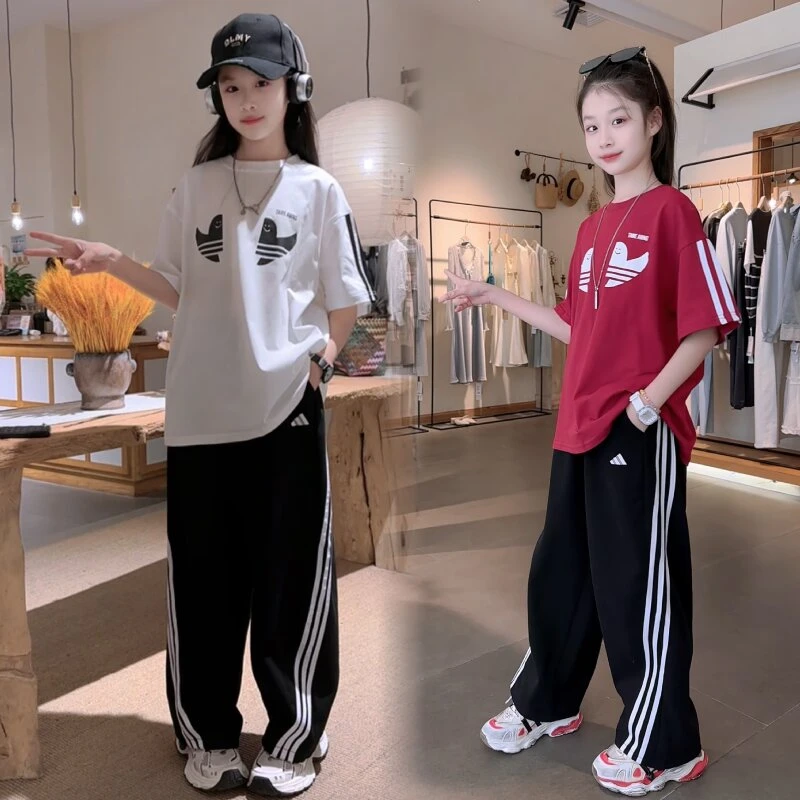 女童夏装套装中大童女孩洋气卡通短袖T恤阔腿裤休闲运动两件套
