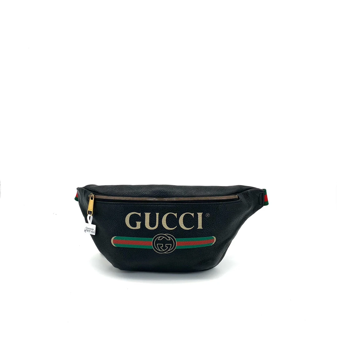 95新 GUCCI/古驰 98新黑色全皮大号红绿织带胸腰包 尺寸40/20