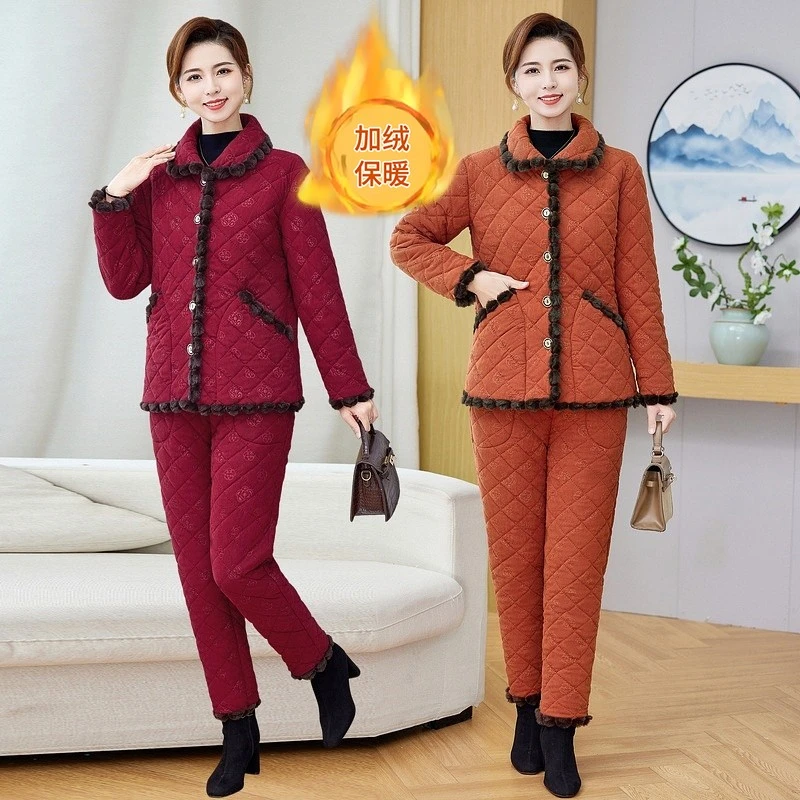 妈妈冬装加绒加厚棉衣套装中老年女装防寒保暖家具棉袄棉裤两件套