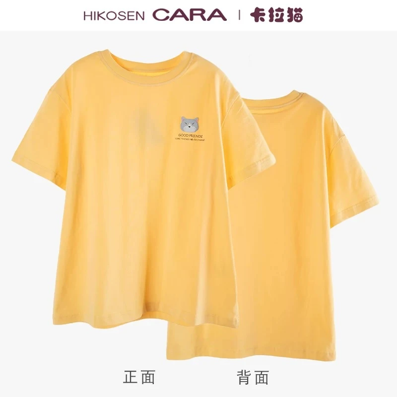 HIKOSEN CARA卡拉猫圆领短袖T恤休闲糖果色慵懒风女上衣