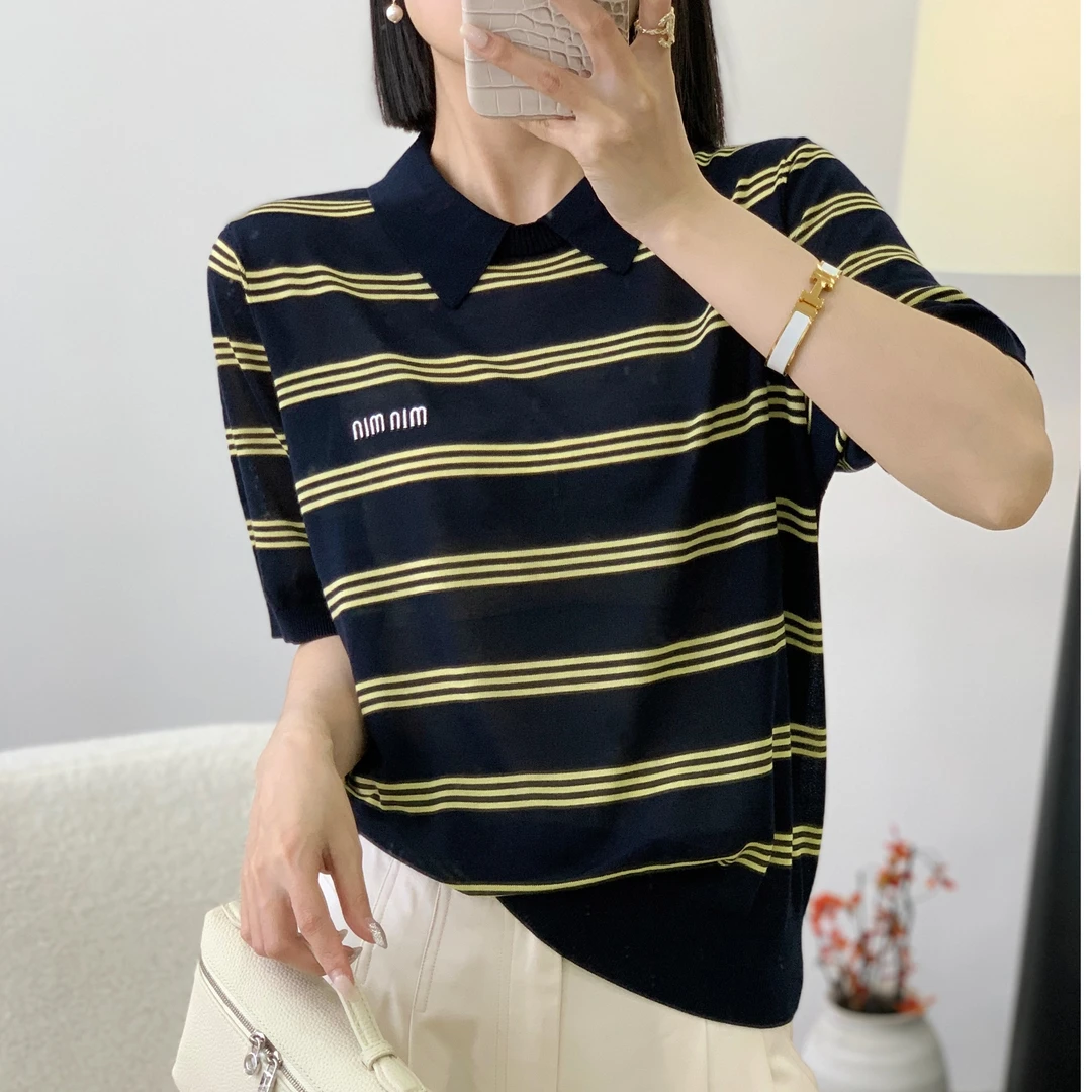POLO条纹针织衫圆领T恤显瘦时尚休闲百搭宽松夏季套头气质翻领