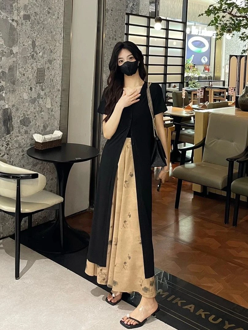 2025夏装搭配一整套黑色连衣裙水墨阔腿裤两件套盐系轻熟时尚套装
