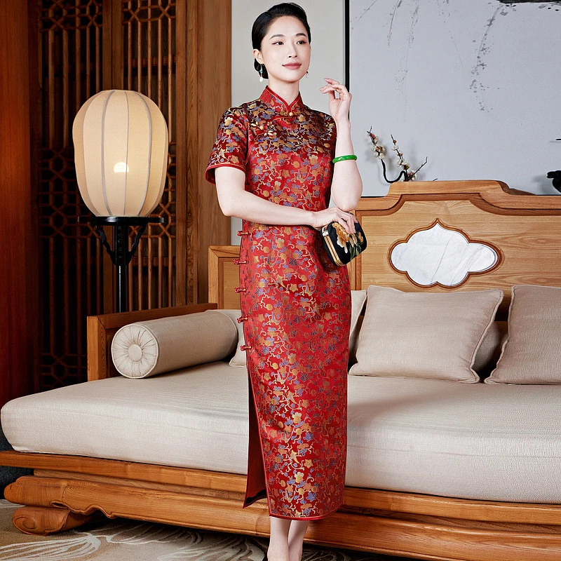 【朱璎琇檀】桑蚕丝织锦缎南瓜纹国风红色婚宴喜妈妈喜庆旗袍W25707