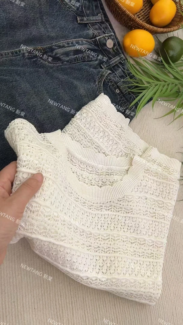 【山水云间】248夏季时尚法式镂空花边圆领短袖