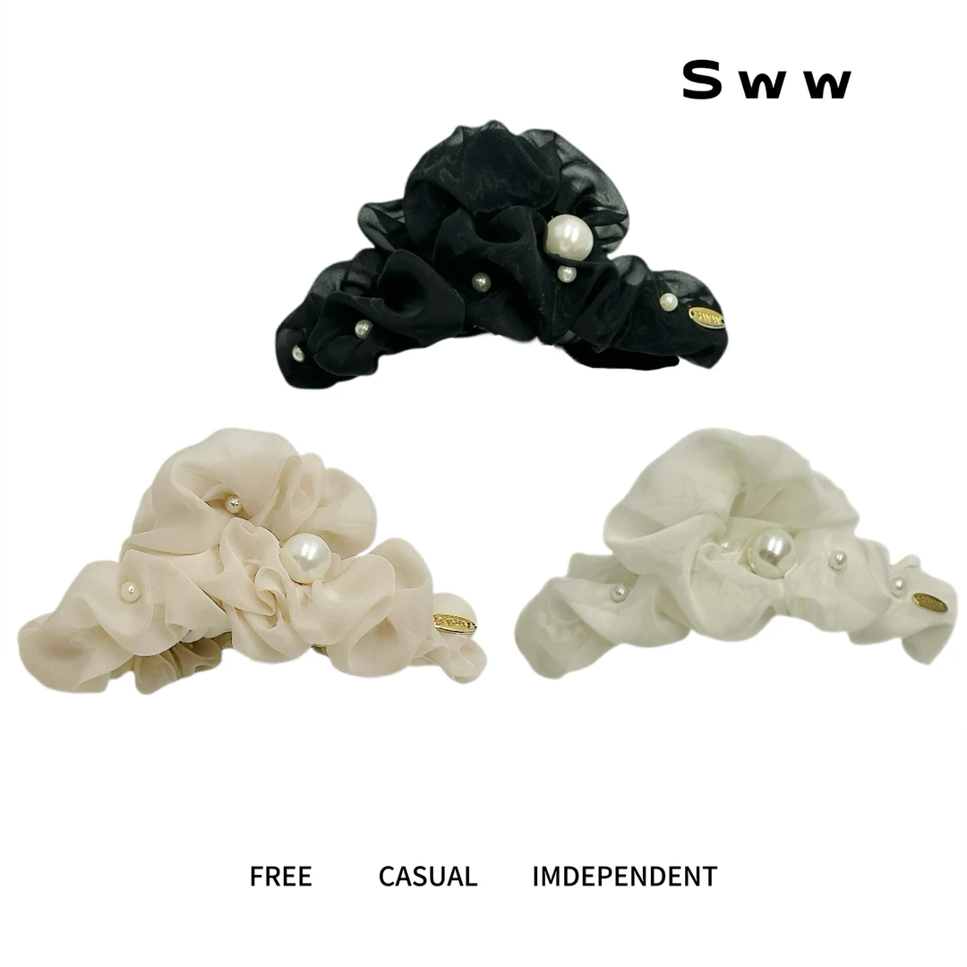SWW高级感大号褶皱云朵珍珠抓夹网纱褶皱后脑勺夹