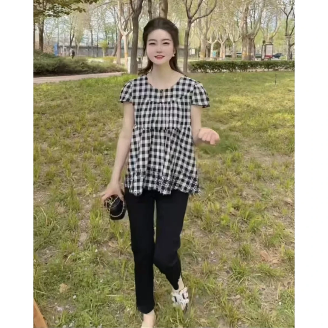 『格子休闲U』设计显瘦百搭时尚T恤90552