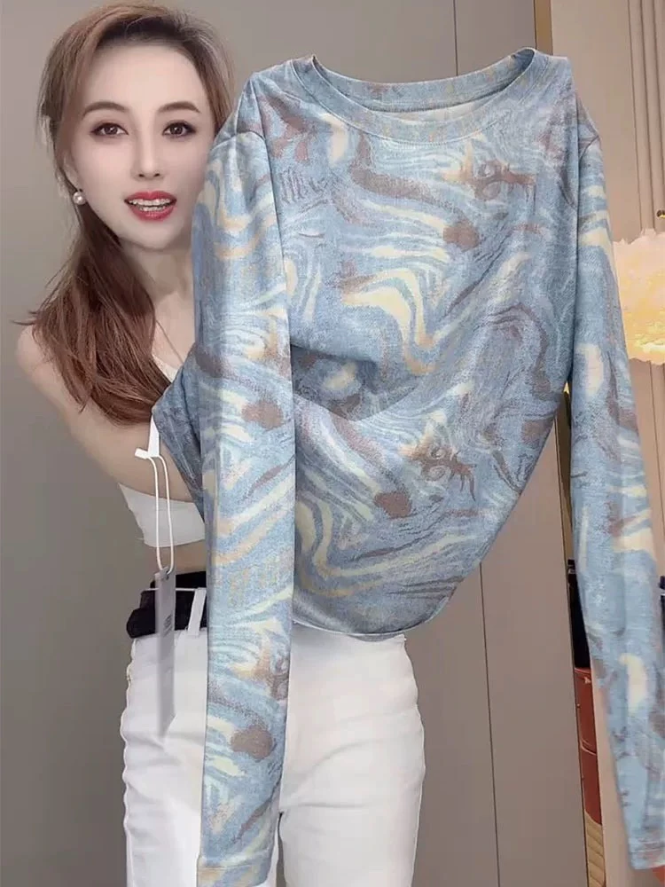 复古扎染印花网纱T恤女夏季欧货薄款设计感小众别致独特防晒上衣