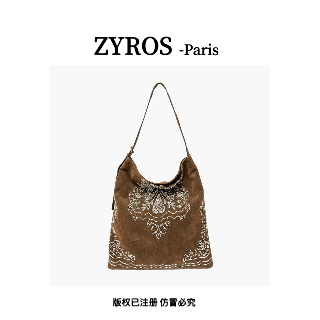 ZYROS  高级感！新款咖色刺绣时尚百搭单肩斜跨通勤托特包女Z227