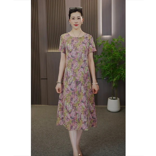 夏季新款叶蔓轻吟休闲时尚优雅气质百搭减龄宽松圆领高级感连衣裙