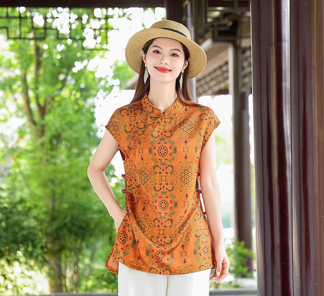 夏季中长款新中式双排扣复古旗袍个性印花立领显瘦宽松气质上衣