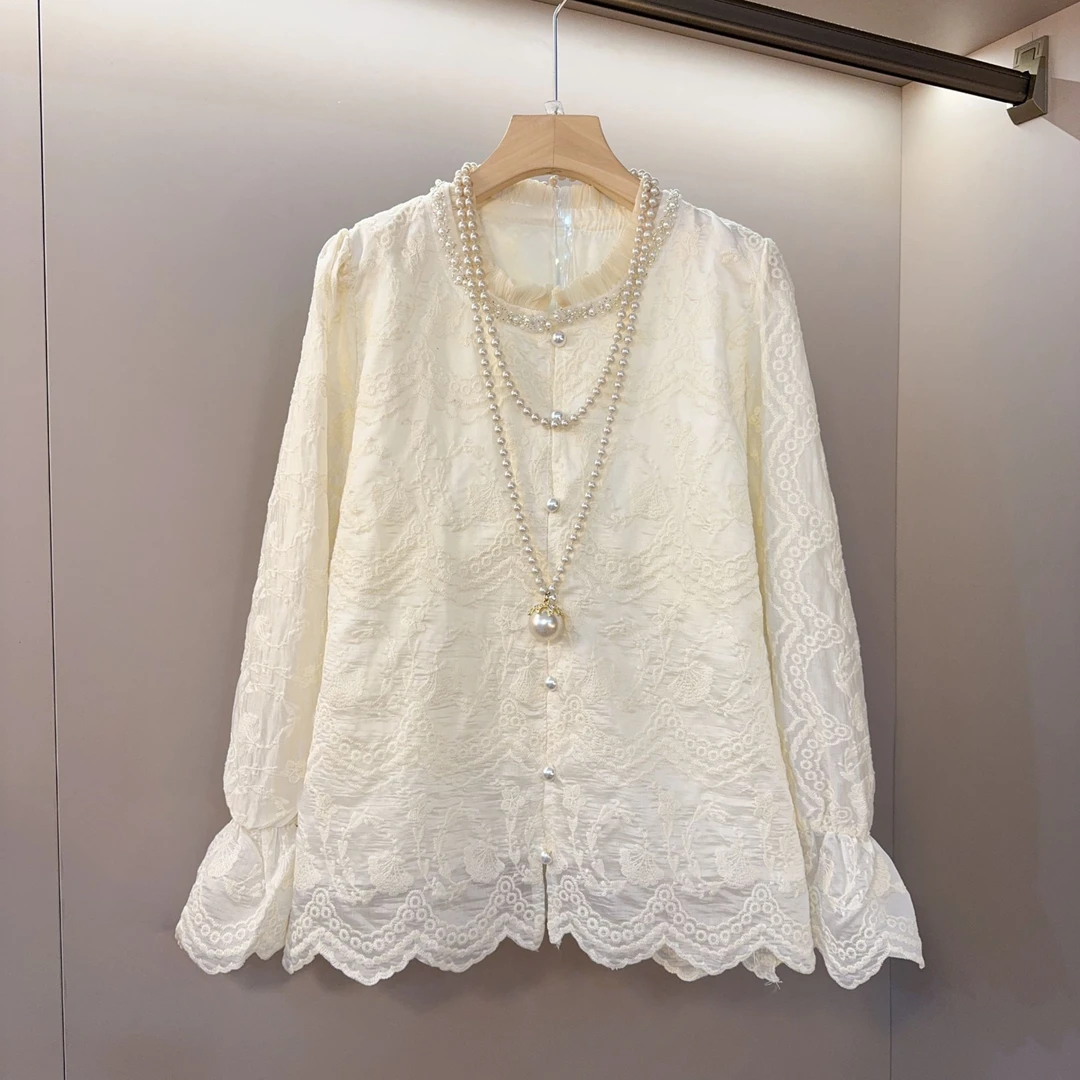 胖妹妹立领钉珠边微喇袖口蕾丝韩系宽松气质文艺范显瘦上衣衣长63