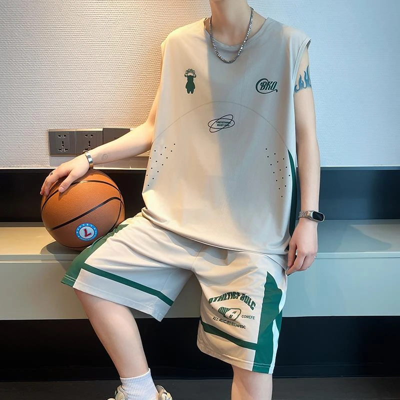 运动套装男2025新款夏季冰丝t恤男背心一套搭配篮球服休闲两件套
