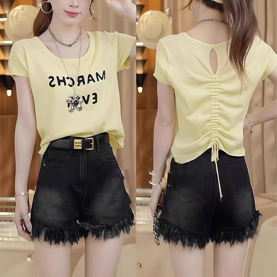 韩版设计感提花字母短袖针织衫女2025夏新款镂空抽绳绑带T恤上衣