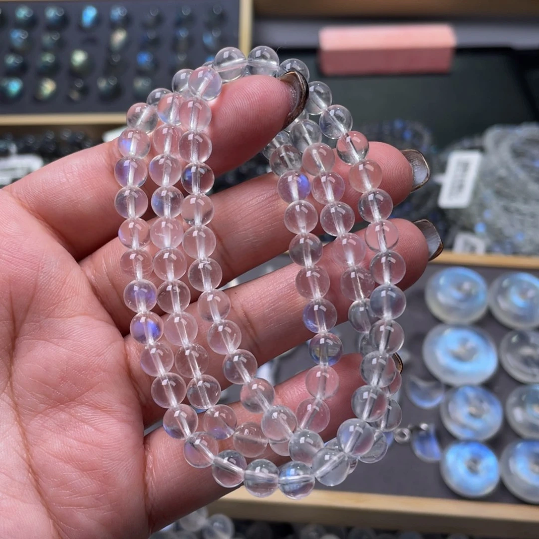 月光石手链未镶嵌?****?冰透体蓝月光手链多圈6mm+