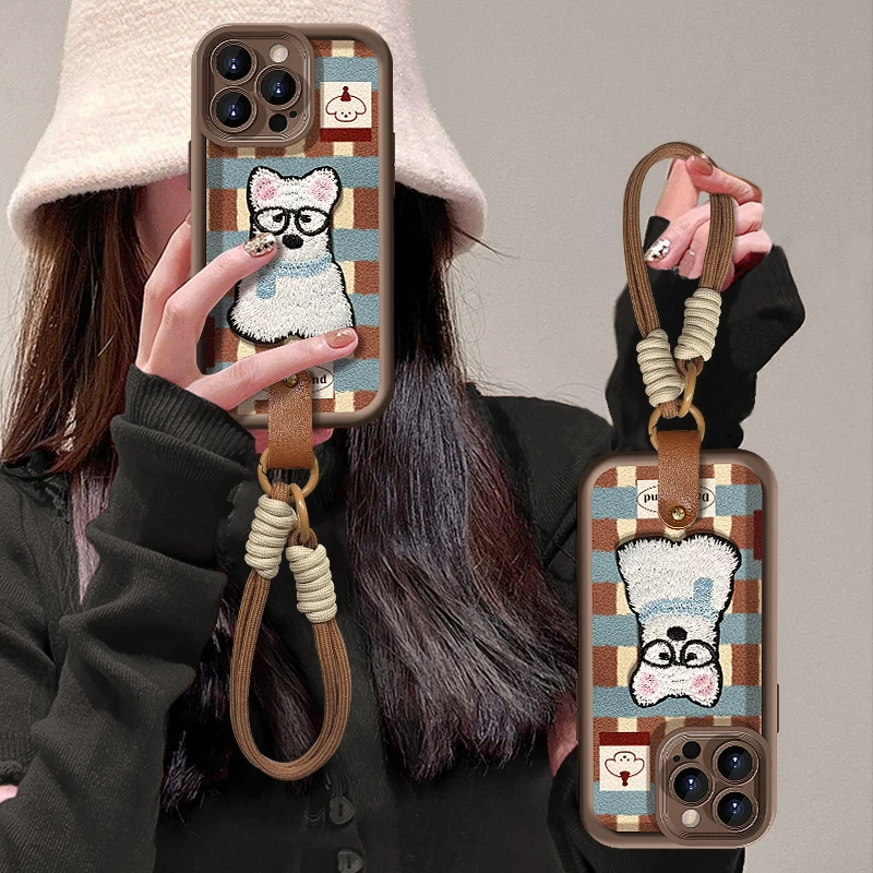 格子小狗挂绳适用iphone16promax手机壳苹果13硅胶羊皮15美拉德14