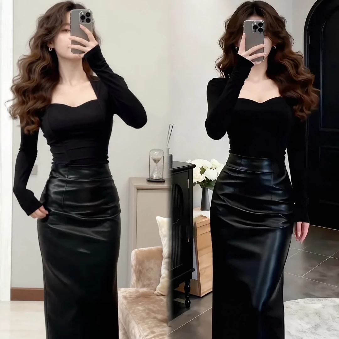 2025秋冬女士时尚新款韩系辣妹气质方领长袖上衣包臀半身裙套装女