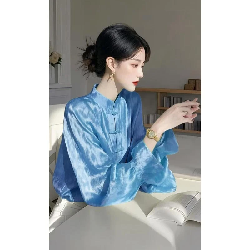 新中式国风立领衬衫女款爆款2025年早春洋气减龄收腰盘扣长袖衬衣