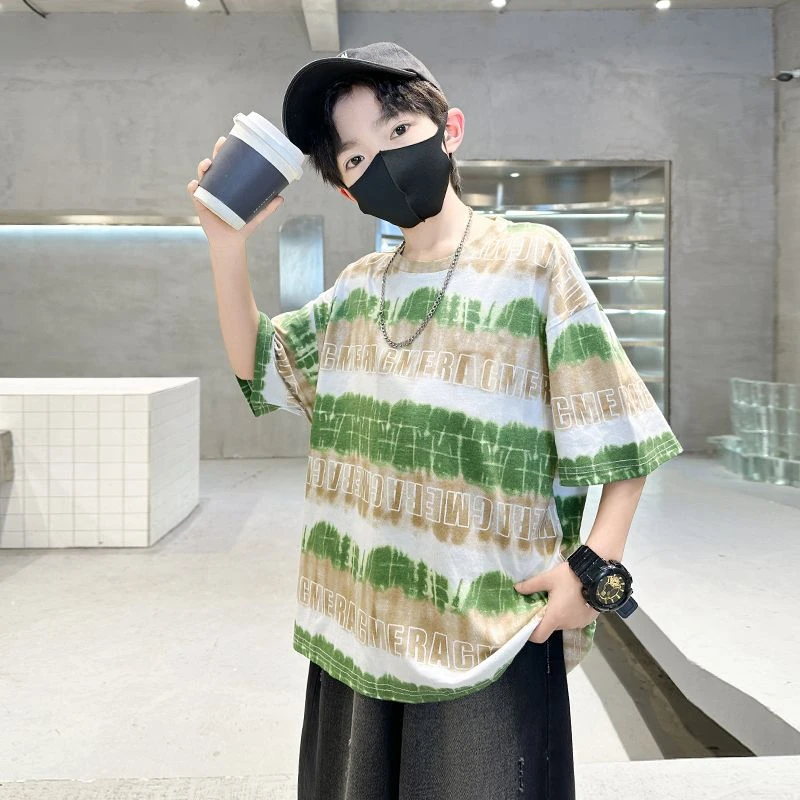 夏季童男纯棉短袖宽松透气韩版潮酷数字印花圆领男孩衣服儿童上衣