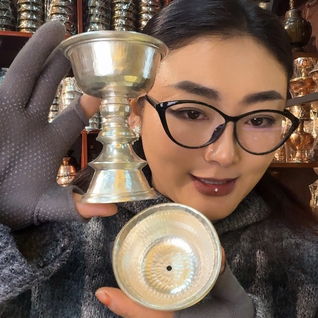 铜尼泊尔纯手工纯白铜鎏银酥油灯一对8cm