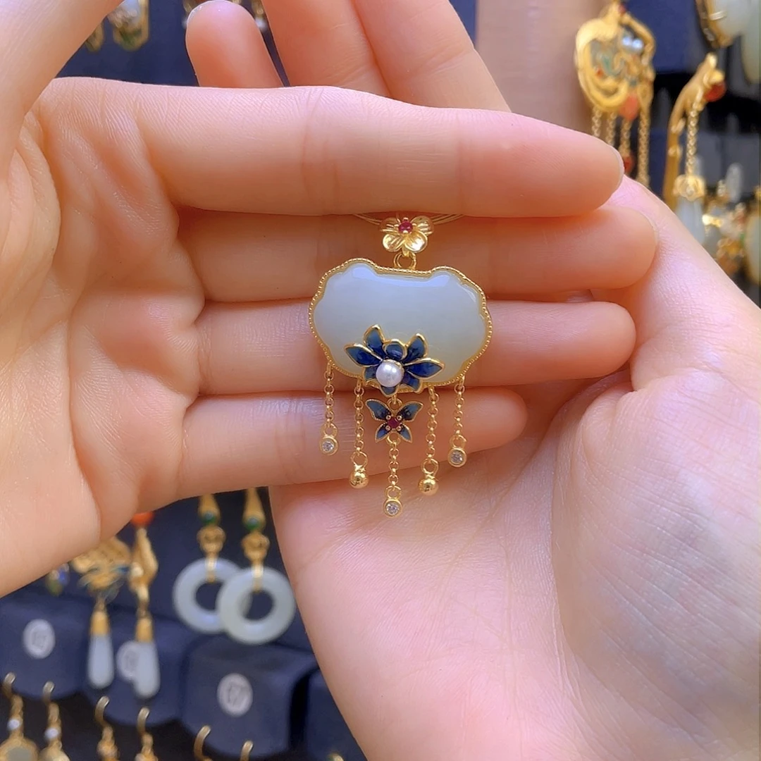 和田玉颈饰银S925镀金镶嵌