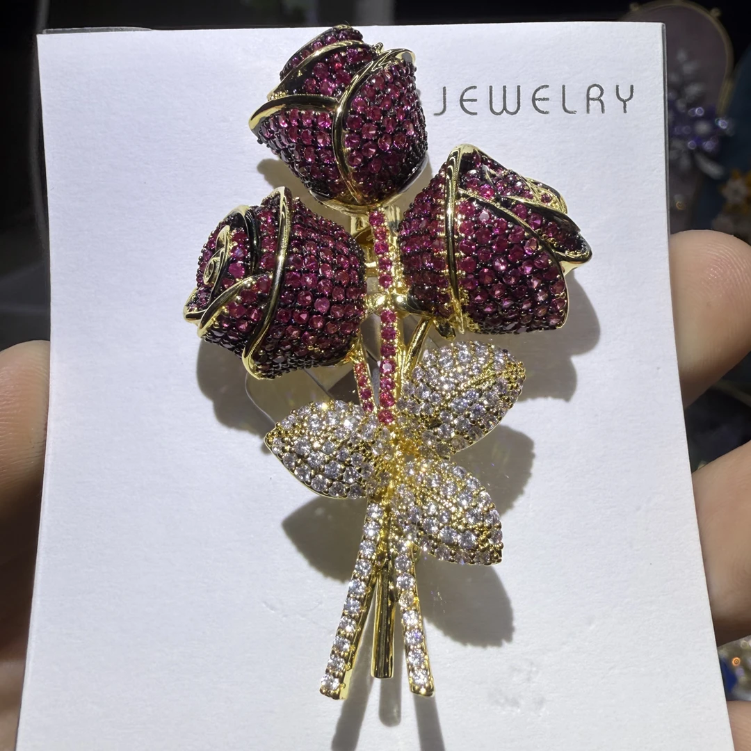 铜合金锆石胸针 1352新品高端双色金红刚玫瑰花束胸针