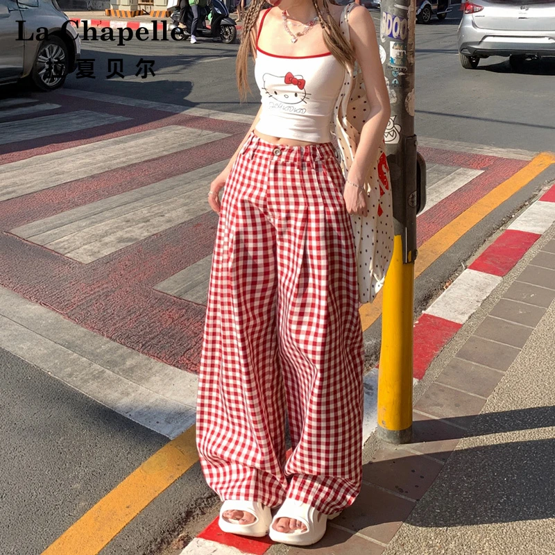 拉夏贝尔女款潮流格纹休闲长裤新款出游通勤薄款阔腿裤子夏季高腰