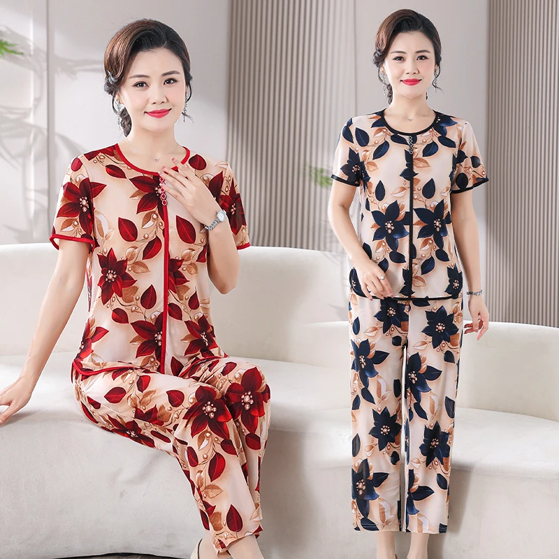 夏季新款短袖中老年女装妈妈装夏装宽松棉绸薄款两件套女士家居服