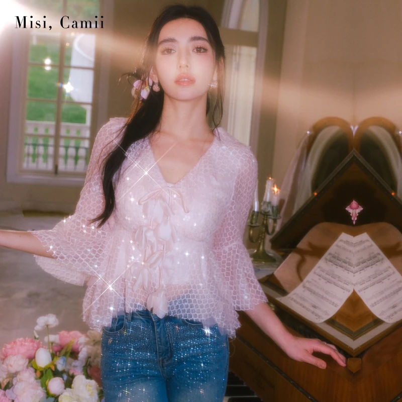 Misi,Camii【达人专属】夏季新款女装绑带珠片蕾丝中袖上衣名媛风