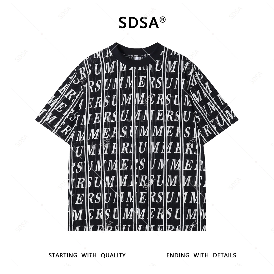 SDSA夏季新款男士痞帅美式简约撞色字母圆领短袖T恤宽松设计师