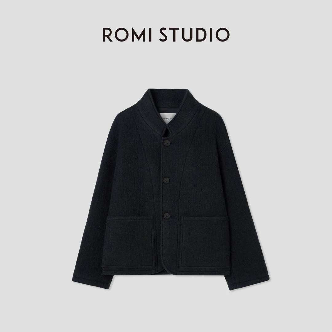 ROMI STUDIO“自我轮廓”100%绵羊毛暗纹立领宽松毛呢外套 441D3018