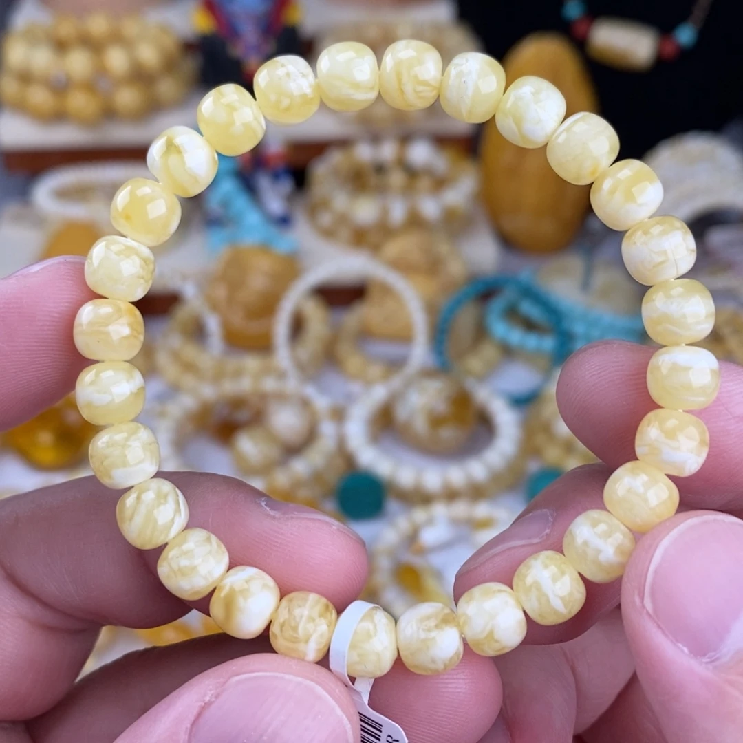 蜜蜡未镶嵌手链瓷白细纹虎皮纹7.6mm高桩